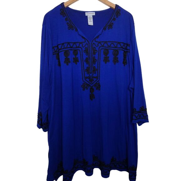 Catherine's Women’s Plus SZ 3X Blue Tunic Top Long Sleeve Black Embroidery - Picture 1 of 7